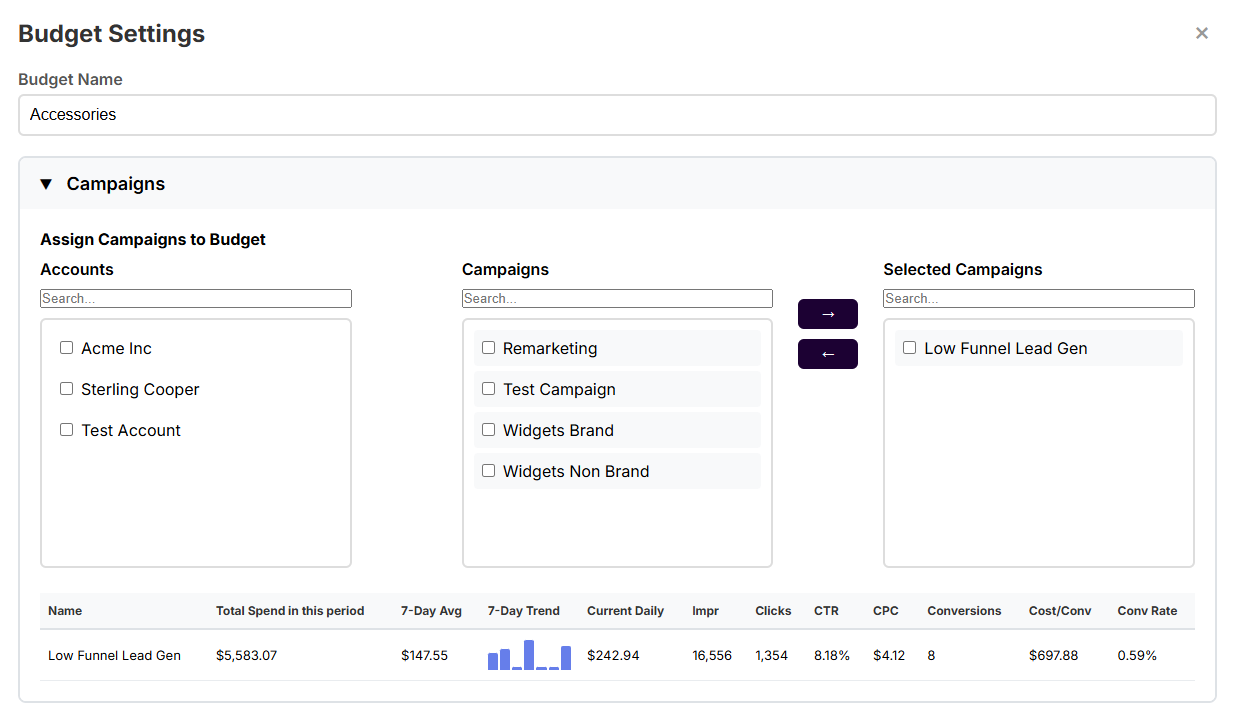 Assign campaigns to budget interface