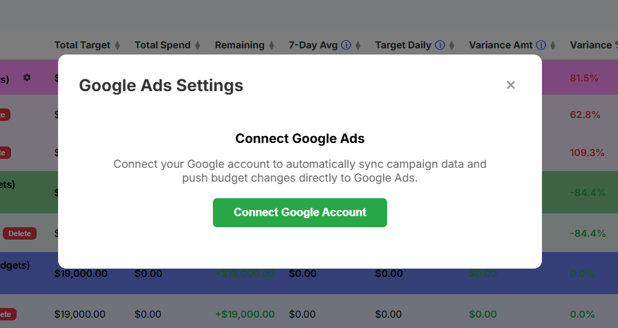 Google Ads connection settings