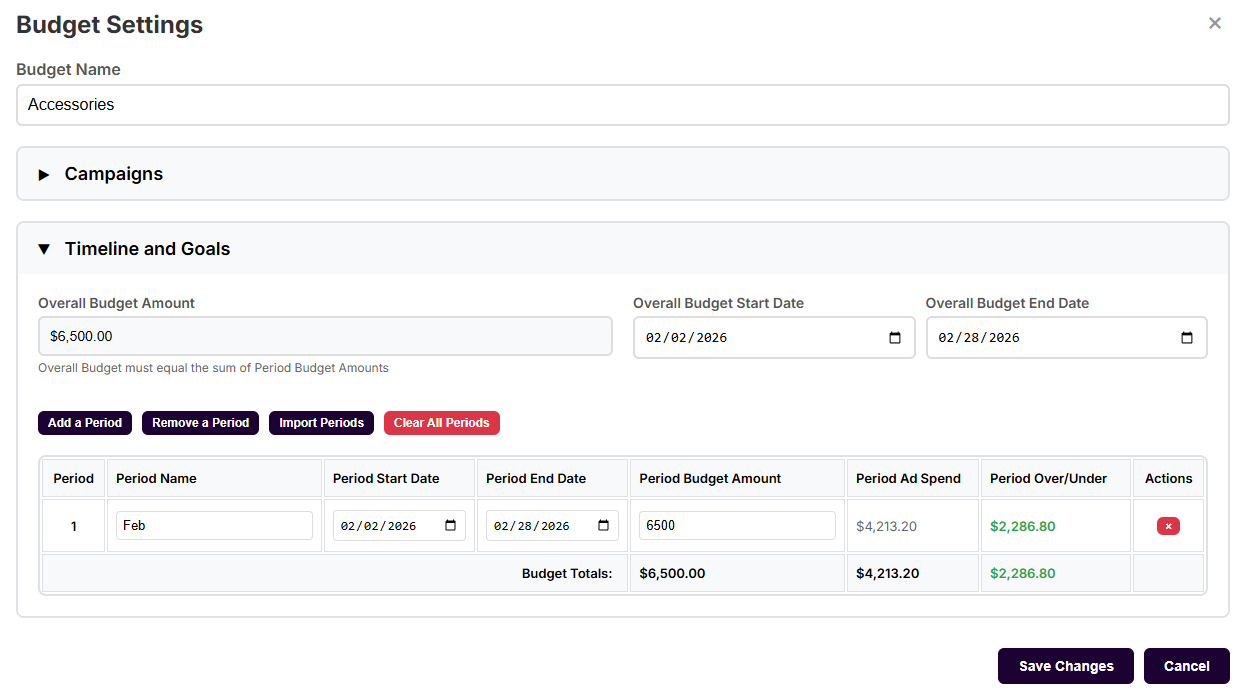 Budget timeline and goals settings